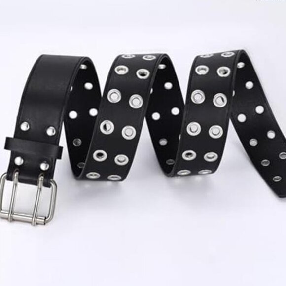 Double Grommet Punk Belt Black Vegan Leather Studded Belt for Women Men Jeans main image 4